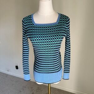 Talbots Ribbed Square Neck Sweater Blue Black Green Checkered Top Medium Petite